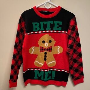 #followme Bite Me Gingerbread Man Ugly Christmas‎ Sweater Red Black Plaid Medium
